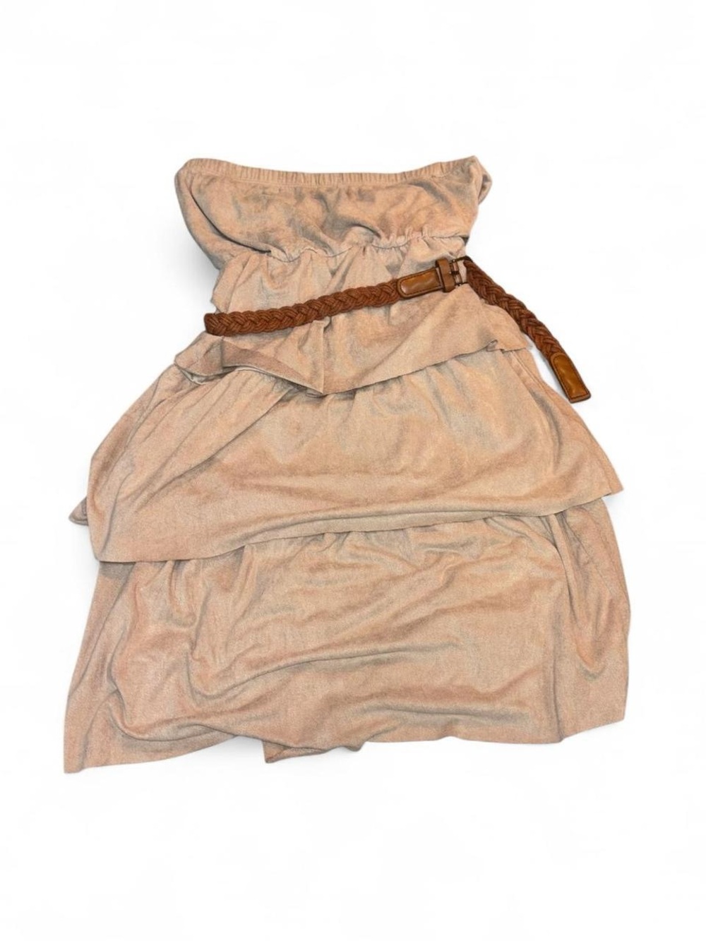 Eyeshadow Strapless Tiered Dress with Braided Brown Belt - Beige
